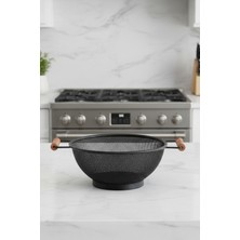 Feyza Design Ahşap Kulplu Siyah Metal File Süzgeç, Sebze ve Meyve Yıkama Sepeti