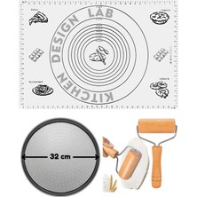 Feyza Design Beyaz Silikon Hamur Açma Matı ve Ahşap Saplı Pizza Tepsisi Seti