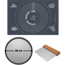 Feyza Design Gri Silikon Hamur Açma Matı 45X65 Cm, Pizza Tepsisi ve Ahşap Saplı Kesici