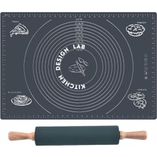 Feyza Design Gri 45X65 cm Silikon Hamur Açma Matı ve Bambu Saplı Silikon Merdane