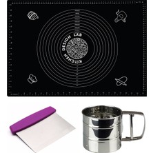 Feyza Design Siyah Silikon Çok Amaçlı Hamur Açma Matı 45X65 Cm, Un Eleği ve Hamur Kesici