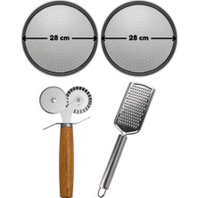 Feyza Design Küçük Boy Delikli Pizza Tepsisi 28CM, Çift Başlı Pizza Ruleti ve Çelik Peynir Rende