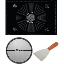Feyza Design Siyah Hamur Açma Matı 45X65 Cm, 32 cm Pizza Tepsisi ve Ahşap Uzun Saplı Kesici