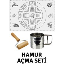 Feyza Design Beyaz 45X65 cm Silikon Hamur Açma Matı, Çelik Un Eleği ve Ahşap Saplı Hamur Açıcı