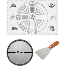 Feyza Design Beyaz Hamur Açma Matı 45X65 Cm, 28 cm Pizza Tepsisi ve Ahşap Uzun Saplı Kesici