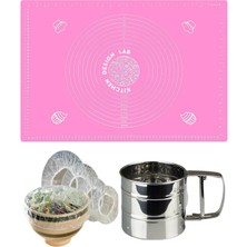 Feyza Design Pembe 45X65 cm Silikon Hamur Açma Matı, Çelik Un Eleği ve Hamur Poşeti Seti