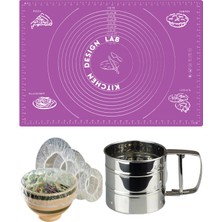 Feyza Design Mor 45X65 cm Silikon Hamur Açma Matı, Çelik Un Eleği ve Hamur Dinlendirme Poşeti 8'li