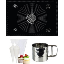 Feyza Design Siyah 45X65 cm Silikon Hamur Açma Matı, Çelik Un Elek ve Krema Sıkma Torbası Seti
