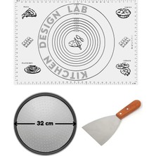 Feyza Design Beyaz Hamur Açma Matı 45X65 cm ve 32 cm Pizza Tepsisi, Ahşap Uzun Saplı Kesici