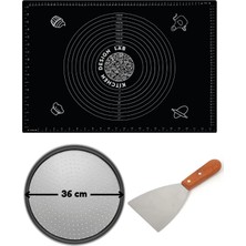 Feyza Design Siyah Hamur Açma Matı 45X65CM, 36CM Pizza Tepsisi ve Ahşap Uzun Saplı Kesici