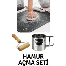 Feyza Design Yumuşak Silikon Hamur Açma Matı, Çelik Un Eleği ve Ahşap Saplı Hamur Açıcı Set