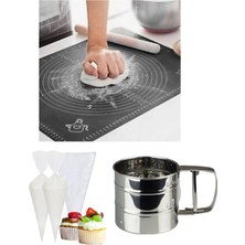 Feyza Design Pratik Silikon Hamur Açma Matı, Un Elek ve Krema Sıkma Torbası Seti