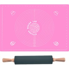 Feyza Design Pembe 45X65 cm Silikon Hamur Açma Matı ve Bambu Saplı Silikon Merdane