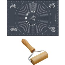 Feyza Design 2'li Gri Silikon Hamur Açma Matı ve Ahşap Saplı Silindir Seti