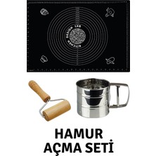 Feyza Design Siyah 45X65 cm Silikon Hamur Açma Matı, Çelik Un Eleği ve Ahşap Saplı Hamur Açıcı