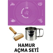 Feyza Design Mor 45X65 cm Silikon Hamur Açma Matı, Un Eleği ve Hamur Açıcı Seti