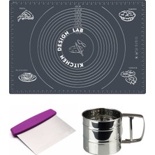 Feyza Design Gri Silikon Çok Amaçlı Hamur Açma Matı 45X65 Cm, Çelik Un Eleği ve Hamur Kesici