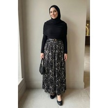 inStyle Şifon Sandy Kemerli Drapeli Siyah Fırça Desen Elbise