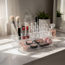 17 Bölmeli Şeffaf Akrilik Makyaj Düzenleyici - Tek Çekmeceli Kozmetik Organizeri | Ruj, Fırça, Fondö