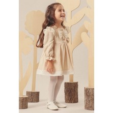 Miniğimin Cicileri Fiyonk Şerit Detaylı Müslin Kız Bebek Elbise - Bej