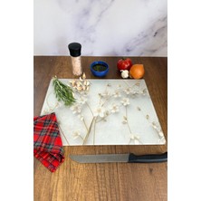 Feyza Design Şeffaf Cam Kesme Tablası, 30X40CM, Beyaz Çiçek ve Gold Detaylı
