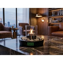 Özgürce Şık Siyah Granit Efektli Camlı Masa Üstü Bioethanol Şömine ve Metal Söndürme Aparatı