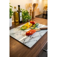 Feyza Design Beyaz Mermer Desenli Cam Kesme ve Sunum Tahtası 25×35 cm
