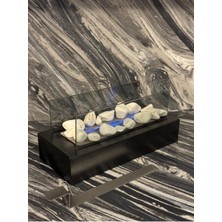 Özgürce Metal Siyah Masa Üstü Şömine, Yakıt ve Dekoratif Taş, Sertifikalı