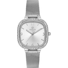 Welar WEL2512-1 Gümüş Çelik Hasır Kordon Kare Taşlı Zarif Kadın Kol Saati 3 Atm Su Geçirmez