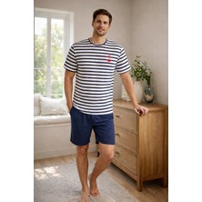 Erkek Pamuklu Lacivert Çizgili Şort Takım