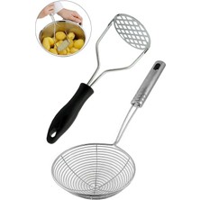 Feyza Design Çelik Patates Ezici ve Yağ Kevgiri Süzgeç Seti 12 Cm, Pratik Kullanım