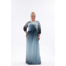 Bdm Exclusive Simli Şifon Drapeli Taş Detaylı Büyük Beden Abiye Elbise