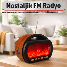 Badem10 Şömineli Nostaljik Radyo Bluetooth Ses Bombası Powerbank USB Type C Şarjlı Taşınabilir Hoparlör