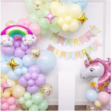 Gökkuşak Unicorn Temalı Pastel Doğum Günü Süsleme Seti Balon Zincirli Deluxe Parti Seti Konsepti