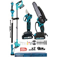 Kimmeer Plus Profesyonel 4’lü Set Şarjlı Makas Testere Tırpan ve Teleskopik Uzatma 2 Metre