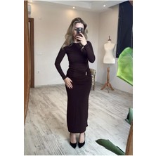 BeeYouStudio Kahverengi Gold Detaylı Bisiklet Yaka Yumuşak Dokulu Maxi Boy Elbise Xl