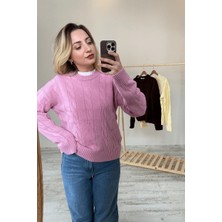 BeeYouStudio Pembe Saç Örgü Detaylı Bisiklet Yaka Kazak Standart