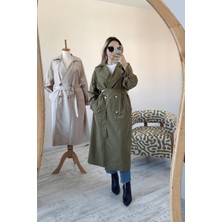 BeeYouStudio Haki Kruvaze Yaka Kolları Kemerli Düğmeli Uzun Trençkot S