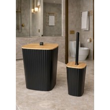 Okyanus Home Safir Yapışkanlı Gerçek Bambu Wc Fırçalık ve Çöp Kovası Seti Siyah 2'li Banyo Seti