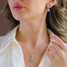 Necati Gün Turkuaz Taşlı Damla Gümüş Set