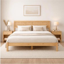 Pinoxi Örme Dekoratif Hasır Hazeran Başlıklı Masif Ahşap Karyola 120CM x 200CM