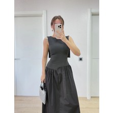 Glam Love Krep Arkası Kanat Arka Ön Pens Detaylı Uzun   Elbise - Siyah -