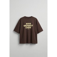 Abluka Online Erkek Boxy Fit Bisiklet Yaka Yazı Baskılı T-Shirt Kahverengi