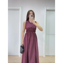 Glam Love Kolsuz Göğüs Lastıklı %100 Poplin Uzun Elbise - Bordo -