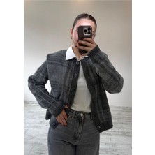 BeeYouStudio Ekose/kareli Düğmeli Bisiklet Yaka Hırka Gri Standart