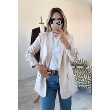 BeeYouStudio Ekru Kolları Büzgülü Kruvaze Yaka Düğmesiz Blazer Ceket L