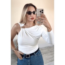 BeeYouStudio Beyaz Kol Aksesuar Detaylı Büzgülü Uzun Kollu Bluz L