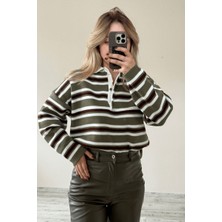 BeeYouStudio Haki Polo Yaka 3 Düğmeli Çizgili Kazak / Yeşil