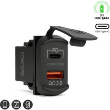 Concord Qc3.0 + Pd Type-C Çift USB 12-24V Tekno Motor Araç Şarj Cihazı Marin Gömme
