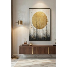 Safir Design Altın Güneş ve Minimalist Orman Silüeti Çerçeveli Tablo